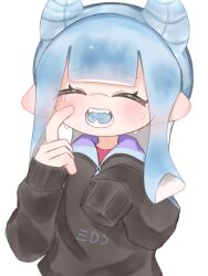 Rule 34 | 1girl, black sweater, blue hair, blush, commentary request, crying, eyelashes, fake horns, horns, inkling, inkling girl, inkling player character, long hair, nintendo, open mouth, simple background, sleeves past fingers, sleeves past wrists, solo, splatoon (series), standing, sweater, tears, teeth, tentacle hair, vk92004, white background