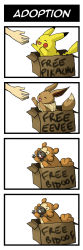 Rule 34 | 4koma, animal ears, bidoof, box, brown hair, buck teeth, comic, creatures (company), eevee, english text, fang, for adoption, game freak, gen 1 pokemon, gen 4 pokemon, highres, in box, in container, jamuko, long image, nintendo, no humans, pikachu, pokemon, pokemon (creature), simple background, smile, tail, tall image, teeth, truth, white background