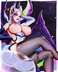 Rule 34 | 1girl, against glass, ass, ass on glass, asymmetrical gloves, bare shoulders, black sclera, breasts, breasts out, colored sclera, crossed legs, forehead, gloves, grey hair, hand on own head, hand on own stomach, highres, horns, large breasts, league of legends, lingerie, looking at viewer, merellyne, mismatched gloves, morgana (league of legends), nipples, purple lips, signature, sitting, slit pupils, solo, star nemesis morgana, thigh strap, thighhighs, underwear, yellow eyes