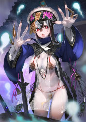 Rule 34 | 1girl, bell, bikini, black hair, braid, breasts, chinese clothes, crotchless, crotchless swimsuit, fingernails, hair between eyes, hair ornament, hat, high collar, hitodama, jiangshi, large breasts, long braid, long fingernails, long hair, long sleeves, looking at viewer, mhk (mechamania), multicolored hair, night, night sky, ofuda, open mouth, original, outstretched arms, pale skin, qingdai guanmao, red bikini, red eyes, see-through, sharp fingernails, shrug (clothing), single braid, sky, solo, string bikini, swimsuit, sword, two-tone hair, veins, veiny breasts, very long hair, weapon, white hair, wide sleeves, zombie pose