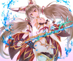 Rule 34 | 1girl, animal ears, aya (ay oekaki), breasts, brown hair, cat ears, collarbone, commentary request, gloves, holding, holding weapon, leotard, long hair, looking at viewer, nia (blade) (xenoblade), nia (xenoblade), nintendo, niyah, small breasts, smile, solo, spoilers, twintails, weapon, white gloves, xenoblade chronicles (series), xenoblade chronicles 2, yellow eyes