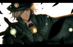 Rule 34 | 1boy, black gloves, cape, collared shirt, commentary request, edmond dantes (fate), fate/grand order, fate (series), formal, gloves, green cape, green hat, green jacket, hair over one eye, hat, highres, jacket, kiriya black, letterboxed, long sleeves, looking at viewer, male focus, medium hair, one eye covered, shirt, silver hair, simple background, smile, solo, suit, upper body, white background, white shirt, wing collar, yellow eyes