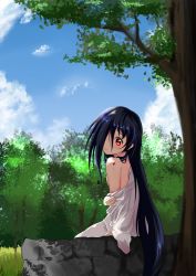 Rule 34 | 1girl, azumawari (azumofu), black hair, bleeding, blood, blue sky, blush, clothes down, clothes pull, cloud, day, dress, dress pull, forest, from side, grass, hair between eyes, hair over one eye, injury, long hair, looking at viewer, looking to the side, nape, nature, off shoulder, one eye covered, outdoors, red eyes, shade, sitting, sky, solo, sweatdrop, tareme, the ring, tree, upper body, very long hair, well, white dress, yamamura sadako