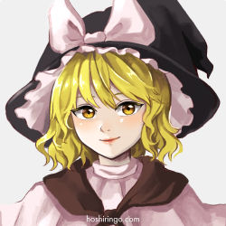Rule 34 | 1girl, black hat, blonde hair, blouse, blush, bow, capelet, close-up, closed mouth, commentary request, happy, hat, hat bow, hoshiringo0902, kirisame marisa, lips, looking at viewer, medium hair, perfect cherry blossom, shirt, simple background, smile, touhou, turtleneck, wavy hair, white background, white bow, white capelet, white shirt, witch hat, yellow eyes