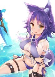 Rule 34 | 1girl, animal ear fluff, animal ears, barefoot, bikini, blush, breast hold, breasts, brown eyes, cleavage, collarbone, criss-cross halter, frown, furrowed brow, halterneck, highres, jehyun, large breasts, leg belt, long hair, looking at viewer, makoto (princess connect!), makoto (summer) (princess connect!), navel, open mouth, outdoors, princess connect!, purple bikini, purple hair, see-through, shirt, side-tie bikini bottom, solo, swimsuit, sword, tail, water, weapon, wet, wolf ears, wolf girl, wolf tail