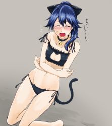 Rule 34 | 10s, 1girl, animal ears, animal print, bell, neck bell, black hair, blush, bra, breasts, cat cutout, cat ear panties, cat ears, cat lingerie, cat panties, cat print, cat tail, cleavage cutout, clothing cutout, collar, crossed arms, embarrassed, closed eyes, hagane soushi, houshou (kancolle), kantai collection, kneeling, medium breasts, meme attire, panties, ponytail, print panties, side-tie panties, solo, sweatdrop, tail, translated, underwear