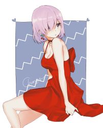 Rule 34 | 1girl, alternate costume, arms at sides, bare arms, bare shoulders, blue eyes, breasts, cherry earrings, choker, chungu, cleavage, closed mouth, collarbone, dress, earrings, eyes visible through hair, fate/grand order, fate (series), food-themed earrings, food themed earrings, hair over one eye, highres, jewelry, looking away, mash kyrielight, medium breasts, purple eyes, purple hair, red choker, red dress, short hair, signature, sitting, sleeveless, sleeveless dress, solo