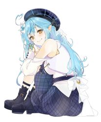 Rule 34 | 1girl, ahoge, ankle strap, bare shoulders, belt, beret, black footwear, black socks, blue belt, blue hair, blue hat, blue journey (hololive), blue skirt, blush, boots, braid, breasts, closed mouth, clothing cutout, colored tips, commentary request, cross-laced footwear, crossed bangs, double-parted bangs, flower, from behind, from side, hair between eyes, hair flower, hair ornament, half updo, hat, heart, heart ahoge, highres, hololive, hugging own legs, impossible clothes, impossible shirt, knees up, lace-up boots, large breasts, legwear garter, long hair, long sleeves, looking at viewer, maitopartan, medium skirt, multicolored hair, plaid, plaid headwear, plaid skirt, pleated skirt, pointy ears, shirt, shoulder cutout, simple background, sitting, skirt, sleeve cuffs, smile, socks, solo, virtual youtuber, white background, white shirt, yellow eyes, yukihana lamy