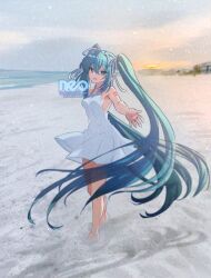 Rule 34 | 1girl, absurdres, aqua eyes, aqua hair, artist logo, bare shoulders, beach, commentary, dress, dusk, english commentary, full body, hair ribbon, halterneck, hatsune miku, highres, long hair, looking at viewer, neo (neo 399), open mouth, outdoors, parted lips, reaching, reaching towards viewer, ribbon, shoulder tattoo, sleeveless, sleeveless dress, solo, standing, sundress, tattoo, twintails, vocaloid, water, white dress, white ribbon