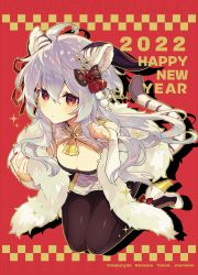 Rule 34 | 1girl, absurdres, ahoge, alternate costume, animal ears, bell, black pantyhose, blue hair, blush, breasts, chinese zodiac, cleavage, collar, commentary request, ganyu (genshin impact), genshin impact, happy new year, high heels, highres, horns, long hair, looking at viewer, memeno, nail polish, neck bell, new year, pantyhose, red eyes, resolution mismatch, solo, source smaller, tail, tiger ears, tiger tail, year of the tiger