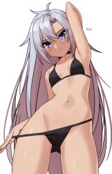 1girl a_(xenoblade) absurdres arm_up armpits artist_name bikini black_bikini black_choker breasts choker grey_hair highres long_hair navel simple_background small_breasts solo swimsuit white_background x_xith_x xenoblade_chronicles_(series) xenoblade_chronicles_3 xenoblade_chronicles_3:_future_redeemed