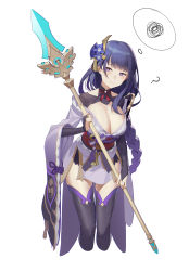 Rule 34 | 1girl, absurdres, braid, breasts, cleavage, genshin impact, hair ornament, highres, japanese clothes, kimono, large breasts, long sleeves, looking at viewer, mole, mole under eye, polearm, purple eyes, raiden shogun, simple background, skyward spine (genshin impact), solo, thighhighs, thought bubble, weapon, white background, wide sleeves, zhimalin da