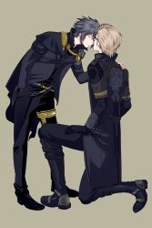 Rule 34 | 10s, 2boys, armor, bad id, bad pixiv id, black hair, boots, brown hair, cape, final fantasy, final fantasy xv, formal, hand on shoulder, height difference, highres, ignis scientia, kneeling, leg brace, male focus, multiple boys, noctis lucis caelum, oda, pauldrons, shoulder armor, suit, uniform