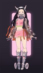 Rule 34 | 1girl, adapted costume, android, arms at sides, black hair, boots, breasts, commentary, contemporary, covered mouth, cyberpunk, english commentary, fingernails, full body, grey footwear, highres, horns, jacket, joints, kamado nezuko, kimetsu no yaiba, knee boots, long fingernails, long hair, long sleeves, looking at viewer, lulu yang, midriff, miniskirt, multicolored hair, open clothes, open jacket, orange hair, pink eyes, pink skirt, respirator, robot joints, see-through, skirt, skirt set, solo, standing, two-tone hair, very long hair, wide sleeves