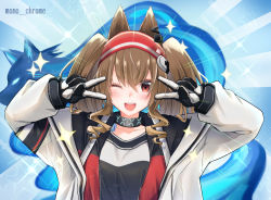 Rule 34 | 1girl, angelina (arknights), animal ears, arknights, artist name, aura, black gloves, black shirt, blouse, blue background, blush, brown hair, choker, collarbone, commentary request, double v, elite ii (arknights), emotional engine - full drive, fox, fox ears, fox girl, gloves, hair between eyes, hair ornament, headband, infection monitor (arknights), jacket, long hair, long sleeves, looking at viewer, monokuro (sekahate), multicolored clothes, multicolored jacket, one eye closed, open clothes, open jacket, open mouth, paid reward available, red eyes, red headwear, red jacket, shirt, sidelocks, smile, solo, sparkle, star (symbol), teeth, twintails, twitter username, upper body, v, wavy hair, white jacket, zipper