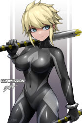 Rule 34 | 1girl, alina novikov, black bodysuit, blonde hair, blue eyes, bodysuit, breasts, closed mouth, commission, covered navel, highres, holding, holding weapon, large breasts, looking at viewer, original, short hair, skeb commission, smile, solo, sunao (70 the), weapon