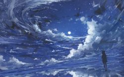 Rule 34 | 1girl, axleaki, blue theme, cloud, cloudy sky, commentary, full moon, highres, horizon, monochrome, moon, moonlight, night, night sky, ocean, original, reflection, scenery, silhouette, sky, solo, standing, standing on liquid, water