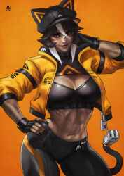 Rule 34 | 1girl, abs, absurdres, axis (monori rogue), black hair, center opening, cleavage cutout, clothing cutout, crop top, dark-skinned female, dark skin, facepaint, fingerless gloves, gloves, hair between eyes, hand on own hip, hat, hat with ears, highres, jacket, looking at viewer, medium hair, midriff, monori rogue, multicolored hair, nail polish, navel, open clothes, open jacket, orange background, orange jacket, original, pants, red eyes, simple background, solo, standing, streaked hair, tail, toned, toned female, yoga pants