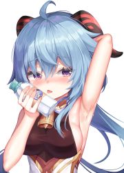 Rule 34 | 1girl, ahoge, arm up, armpits, bare arms, bell, blue hair, blush, bottle, breasts, furrowed brow, ganyu (genshin impact), genshin impact, gold trim, holding, holding bottle, horns, large breasts, long hair, looking at viewer, mannack, milk bottle, neck bell, no gloves, purple eyes, sideboob, sidelocks, sleeveless, solo, sweat, tongue, tongue out, upper body, white background