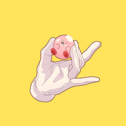 Rule 34 | amedama (akaki 4207), blush stickers, colored skin, commentary, creature, disembodied hand, food, food on face, highres, holding, kirby, kirby&#039;s dream buffet, kirby (series), nintendo, no humans, one eye closed, pink skin, simple background, solid oval eyes, symbol-only commentary, yellow background
