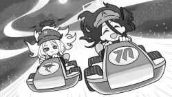 Rule 34 | 2girls, ^ ^, absurdly long hair, ahoge, aris (blue archive), blue archive, cabbie hat, closed eyes, commentary, demon girl, demon horns, driving, go-kart, greyscale, hair between eyes, halo, hat, hina (blue archive), horns, long bangs, long hair, long hair between eyes, looking at another, looking at viewer, mario (series), mario kart, mildtaste, monochrome, multiple girls, nintendo, parted bangs, rainbow road, sidelocks, sky, star (sky), starry sky, symbol-only commentary, very long hair, wavy hair