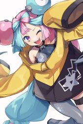 Rule 34 | 1girl, ;d, blurry, breasts, commentary request, creatures (company), eyelashes, game freak, green hair, grey pantyhose, grey shirt, happy, highres, iono (pokemon), jacket, long hair, looking at viewer, multicolored hair, nintendo, one eye closed, open mouth, pantyhose, pink hair, pokemon, pokemon sv, purple eyes, shirt, single leg pantyhose, sleeveless, sleeveless shirt, sleeves past fingers, sleeves past wrists, small breasts, smile, solo, star (symbol), star print, tako2 eaka, teeth, thigh strap, tongue, two-tone hair, upper teeth only, white background, yellow jacket