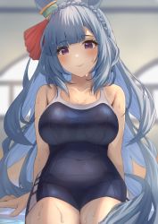 Rule 34 | 1girl, animal ears, backlighting, blue eyes, blue hair, blue one-piece swimsuit, blunt bangs, blurry, blurry background, bow, braid, breasts, closed mouth, collarbone, competition school swimsuit, covered navel, crown braid, depth of field, ear ribbon, hair ribbon, head tilt, highres, horse ears, horse girl, horse tail, large breasts, legs together, long hair, looking at viewer, mejiro ardan (umamusume), one-piece swimsuit, purple eyes, ribbon, school swimsuit, sitting, smile, solo, swimsuit, tail, tepechi, thighs, umamusume, very long hair, wavy hair, wet