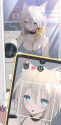 Rule 34 | 1girl, animal ears, aqua eyes, black choker, blush, breasts, cellphone, cellphone photo, choker, cleavage, collarbone, dog ears, dog girl, face filter, female pov, full-length mirror, furry, furry female, grey hair, highres, holding, holding phone, humanization, indoors, large breasts, mirror, original, phone, pov, pov hands, reflection, solo, spaghetti strap, tongue, tongue out, yongen yu