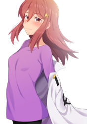 Rule 34 | 1girl, blush, breasts, collarbone, commentary request, hair ornament, honda naoki, jacket, kyoukai senki, lightning bolt, lightning bolt hair ornament, lightning bolt symbol, long hair, long sleeves, looking at viewer, orange eyes, red hair, removing jacket, shishibe shion, sidelocks, small breasts, solo, upper body, white background, white jacket