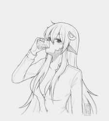 Rule 34 | 1girl, artist name, blush, breasts, collarbone, commission, commissioner upload, cup, dress shirt, drinking, greyscale, hair between eyes, hair ornament, highres, ice, ice cube, long hair, medium breasts, miia (monster musume), monochrome, monster musume no iru nichijou, mugen0017, partially unbuttoned, pointy ears, scales, shirt, slit pupils, solo, watermark
