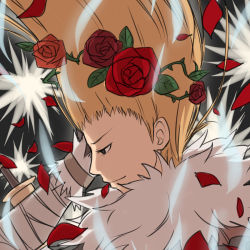 Rule 34 | 1boy, blonde hair, closed mouth, commentary request, flower, fur collar, grey background, head wreath, long hair, male focus, natsuya (kuttuki), petals, profile, ragnarok online, red flower, rose, shadow chaser (ragnarok online), sheath, shrug (clothing), solo, spiked hair, upper body, wind