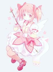 Rule 34 | 1girl, absurdres, angel wings, bow, bubble skirt, buttons, choker, colored eyelashes, dress, dress bow, floral print, footwear bow, frilled dress, frilled skirt, frilled sleeves, frilled socks, frills, from above, full body, gloves, hair bow, highres, holding, holding wand, invisible chair, kaname madoka, looking at viewer, magical girl, mahou shoujo madoka magica, pink background, pink choker, pink dress, pink footwear, pink hair, pink theme, puffy short sleeves, puffy sleeves, shatang wei xing cheng, shoes, short hair, short sleeves, short twintails, signature, simple background, sitting, skirt, smile, socks, solo, twintails, wand, white gloves, white skirt, white socks, wings