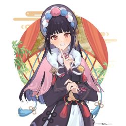 Rule 34 | 1girl, black hair, blunt bangs, blush, bonnet, brown eyes, capelet, commentary, finger to own chin, genshin impact, grin, highres, hime cut, leaf, lolita fashion, long hair, long sleeves, looking at viewer, pink capelet, pom pom (clothes), qi lolita, signature, smile, solo, tassel, tsukino (nakajimaseiki), upper body, yun jin (genshin impact)