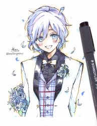 Rule 34 | 1boy, absurdres, art tools in frame, black shirt, blue eyes, blue flower, blue rose, blue vest, blush, bouquet, bow, brown bow, collared shirt, cropped torso, dress shirt, epel felmier, flower, formal, hair between eyes, highres, jacket, male focus, open clothes, open jacket, petals, photo (medium), rose, shirt, signature, silver hair, smile, sofra, solo, suit, traditional media, twisted wonderland, twitter username, upper body, vest, white jacket
