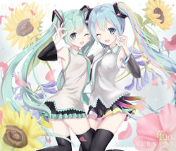 Rule 34 | 2girls, ;3, ;d, anniversary, aqua hair, aqua nails, aqua necktie, black legwear, blue eyes, breasts, character name, detached sleeves, dual persona, english text, floral background, flower, frilled shirt, frills, hair ornament, hatsune miku, heads together, highres, long hair, looking at viewer, medium breasts, multiple girls, nail polish, necktie, ok sign, one eye closed, open mouth, petals, pleated skirt, pointing, pointing up, shirt, skirt, smile, star (symbol), star print, sunflower, thighhighs, twintails, very long hair, vocaloid, wing collar, yuzuaji