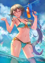 1girl absurdres aqua_bikini armpits arpeggio_kaga bare_arms bare_shoulders bikini blue_sky braid breasts cloud commission day front-tie_bikini_top front-tie_top gluteal_fold grey_hair hair_between_eyes hair_ornament hairclip halterneck hands_up highres holding long_hair looking_at_viewer low_ponytail medium_breasts multi-strapped_bikini original outdoors parted_lips ponytail side-tie_bikini_bottom skeb_commission skindentation sky solo standing strap_gap string_bikini swimsuit thighs trigger_discipline very_long_hair wading water water_gun yellow_eyes