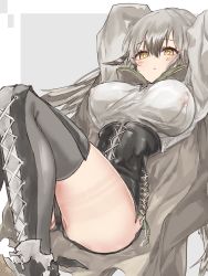 Rule 34 | 1girl, an fyhx, arknights, arms up, black cape, black shorts, blush, breasts, bright pupils, cape, covered erect nipples, fartooth (arknights), feather hair, feet out of frame, grey background, grey hair, grey thighhighs, high-waist shorts, highres, large breasts, long hair, looking at viewer, no headwear, parted lips, shorts, solo, thighhighs, thighs, two-tone background, very long hair, white background, yellow eyes