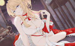 Rule 34 | 1girl, azur lane, bare shoulders, blonde hair, blue eyes, breasts, chinese clothes, choker, cleavage, cleavage cutout, clothing cutout, dress, full moon, glorious (azur lane), glorious (pungent plum) (azur lane), hair ornament, hair stick, highres, indoors, kanzashi, large breasts, long hair, moon, neckwear request, night, night sky, official alternate costume, open clothes, open dress, peneropeneropenne, red choker, red dress, sky, solo