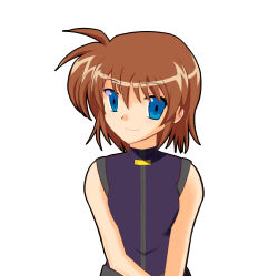 Rule 34 | 1girl, bare shoulders, blue eyes, brown hair, female focus, highres, lyrical nanoha, mahou shoujo lyrical nanoha, mahou shoujo lyrical nanoha a&#039;s, mahou shoujo lyrical nanoha a&#039;s portable: the battle of aces, stern the destructor, simple background, smile, solo, upper body, white background