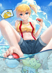 Rule 34 | &gt; &lt;, :i, air bubble, aqua eyes, barefoot, blonde hair, bubble, cloud, commission, creatures (company), cropped shirt, day, feet, fh moya, game freak, gen 1 pokemon, gen 2 pokemon, highres, holding, holding poke ball, misty (pokemon), nintendo, outdoors, parted lips, partially underwater shot, poke ball, poke ball (basic), pokemon, pokemon (anime), pokemon (classic anime), pokemon (creature), psyduck, shirt, shorts, side ponytail, sky, sleeveless, sleeveless shirt, spoken character, spread legs, suspenders, toes, togepi, water, yellow shirt