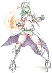 Rule 34 | 1girl, armored boots, ayase tamaki, belt, boots, breasts, brown eyes, clenched hand, fighting stance, flower knight girl, full body, gloves, green hair, green skirt, hat, highres, knee boots, large breasts, legs apart, long hair, looking away, navel, necktie, panties, pink necktie, pink panties, pink thighhighs, saboten (flower knight girl), skirt, solo, standing, thighhighs, thighhighs under boots, underboob, underwear, white background, white hat
