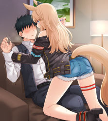 Rule 34 | 1boy, 1girl, animal ears, ass, assertive female, bare shoulders, belt, black belt, black footwear, black hair, black pants, black vest, blonde hair, blue eyes, blue nails, blush, boots, collared shirt, commentary, couch, cutoffs, denim, denim shorts, drawing (object), dress, ear covers, ear ornament, face-to-face, faceless, faceless male, gloves, gold city (umamusume), hair between eyes, high heel boots, high heels, holding another&#039;s wrist, horse ears, horse girl, horse tail, indoors, jacket, lamp, long hair, long sleeves, multicolored nails, nail polish, off shoulder, open clothes, open mouth, open vest, pants, pocket, red nails, rui shi (rayze ray), shadow, shirt, short dress, short hair, shorts, sidelocks, single ear cover, single glove, sitting, tail, thigh strap, trainer (umamusume), umamusume, vest, white gloves, white shirt