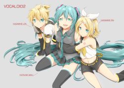 Rule 34 | 1boy, 2girls, all fours, aqua eyes, aqua hair, belt, blonde hair, brother and sister, character name, detached sleeves, hair ribbon, hatsune miku, headphones, headset, highres, hug, kagamine len, kagamine rin, kneehighs, long hair, looking at viewer, midriff, multiple girls, navel, necktie, open mouth, ribbon, rumia (compacthuman), shorts, siblings, simple background, skirt, socks, thighhighs, twintails, very long hair, vocaloid