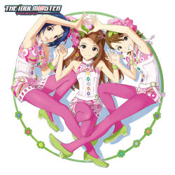 Rule 34 | 3girls, album cover, armpits, copyright name, cover, flower, futami ami, grin, hair flower, hair ornament, heart, heart hands, heart hands duo, highres, holding hands, idolmaster, idolmaster (classic), legs, legs folded, logo, looking at viewer, minase iori, miura azusa, multiple girls, official art, pantyhose, pink legwear, sleeveless, smile