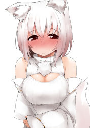 Rule 34 | 1girl, animal ears, blush, breasts, cleavage, cleavage cutout, clothing cutout, detached sleeves, inubashiri momiji, large breasts, looking at viewer, meme attire, open-chest sweater, red eyes, revision, ribbed sweater, short hair, simple background, sleeveless, sleeveless turtleneck, solo, sweater, tail, terazip, touhou, turtleneck, white background, white hair, white theme, wolf ears, wolf tail