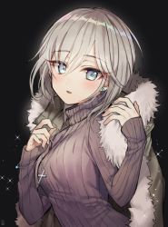 Rule 34 | 10s, 1girl, anastasia (idolmaster), black background, blue eyes, blush, bracelet, breasts, coat, cross, cross necklace, earrings, eyelashes, fur collar, fur trim, gambe, grey coat, grey hair, hair between eyes, hood, hooded jacket, hoodie, idolmaster, idolmaster cinderella girls, jacket, jewelry, long sleeves, looking at viewer, medium breasts, necklace, open clothes, open coat, open mouth, pendant, ribbed sweater, short hair, simple background, sleeves past wrists, smile, solo, sparkle, sweater, tsurime, turtleneck, turtleneck sweater, upper body, winter clothes, winter coat