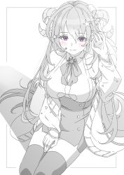 Rule 34 | 1girl, absurdres, breasts, cafe sorcellerie, closed mouth, greyscale, hair between eyes, hand up, hein (animehyein), high-waist skirt, highres, horns, large breasts, lineart, long hair, long sleeves, monochrome, neck ribbon, ribbon, rizel (vtuber), second-party source, sitting, skirt, solo, spot color, thighhighs, virtual youtuber