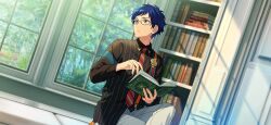 Rule 34 | 1boy, bespectacled, blue hair, book, bookshelf, collared shirt, crossed legs, dark blue hair, diagonal-striped clothes, diagonal-striped necktie, ensemble stars!, fingernails, fushimi yuzuru, glasses, happy elements, indoors, keito lecture (ensemble stars!), long sleeves, looking to the side, male focus, medallion, mole, mole under eye, necktie, official art, open book, pants, parted lips, purple eyes, shirt, short bangs, short hair, sitting, solo, striped clothes, suspenders, third-party source, tree, white pants, window