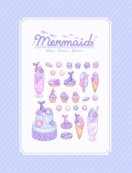 Rule 34 | ari (oonmnmooo), blue border, border, cake, commentary, cookie, cup, cupcake, doughnut, drinking glass, drinking straw, english text, food, food art, food focus, gem, highres, ice cream, ice cream cone, layer cake, macaron, milkshake, original, pearl (gemstone), popsicle, scales, seashell, shell, soft serve, starfish, still life, striped border, symbol-only commentary, white background