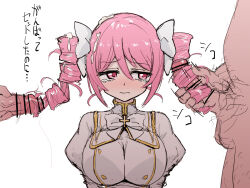Rule 34 | 1girl, 2boys, blush, breasts, censored, closed mouth, commentary request, cross, cum, cum on hair, drill, drill hair, facing viewer, hair between eyes, hair ribbon, hairjob, hetero, highres, impossible clothes, impossible shirt, jashin-chan dropkick, large breasts, light frown, long hair, long sleeves, looking at penis, looking to the side, male masturbation, male pubic hair, masturbation, motion lines, multiple boys, penis, pink eyes, pink hair, pino (jashin-chan dropkick), pubic hair, puffy long sleeves, puffy sleeves, ribbon, ringlets, shino (yaruki nai yatsu), shirt, simple background, sound effects, tears, testicles, translation request, twin drills, upper body, white background, white ribbon